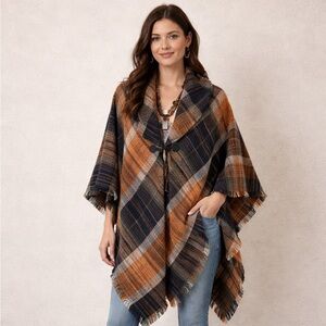 Andrew Marc Navy and Orange Plaid Poncho